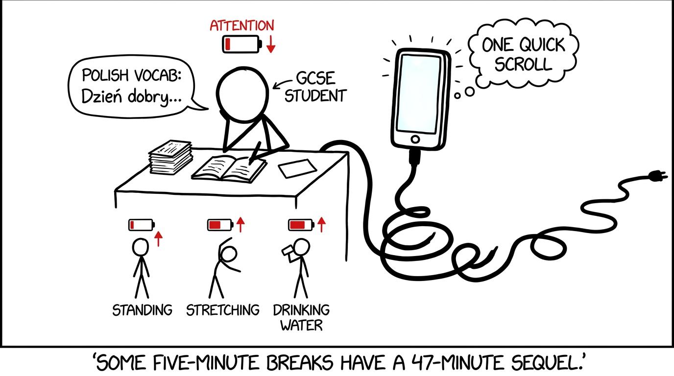 A revision attention battery and a suspiciously long phone break