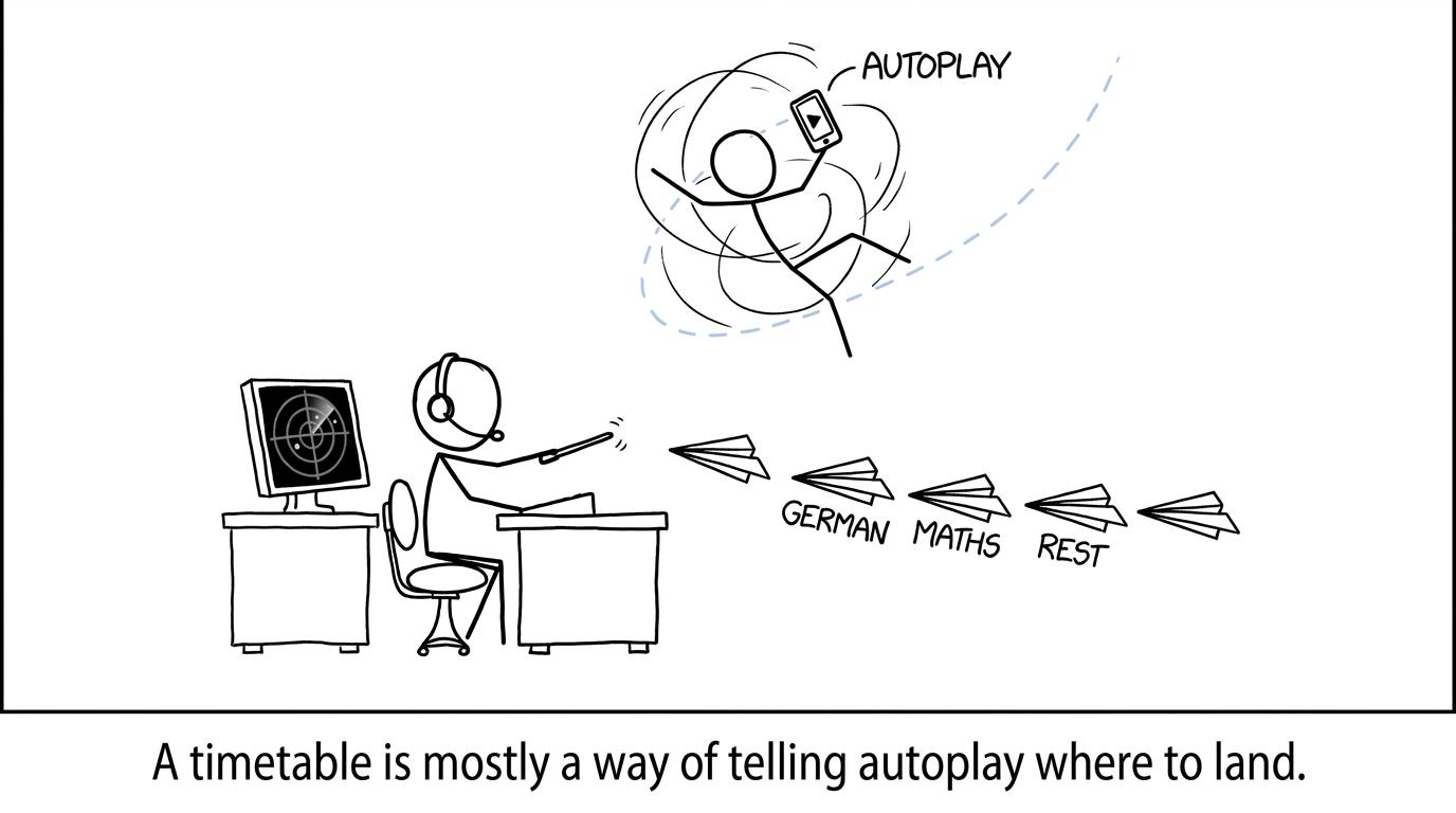 A revision planner directing German, maths and rest while autoplay circles overhead