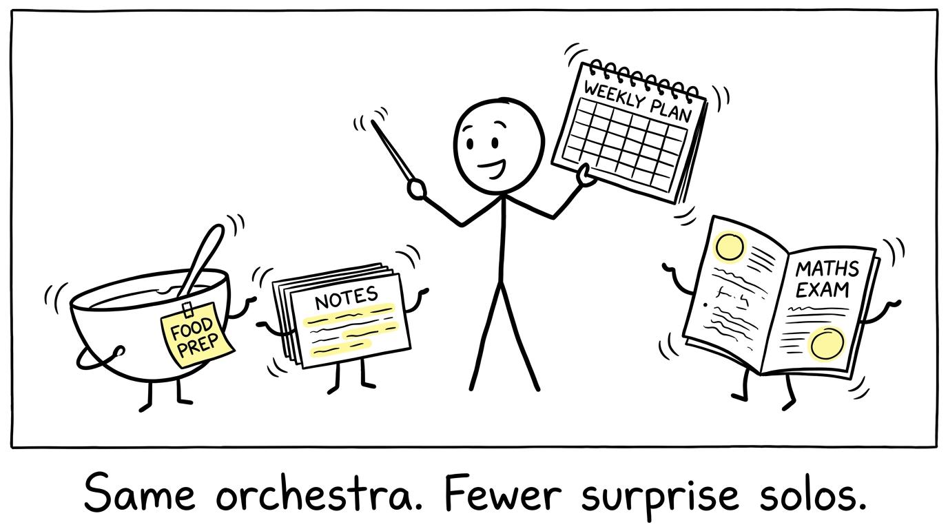 A revision plan conducts a kitchen orchestra