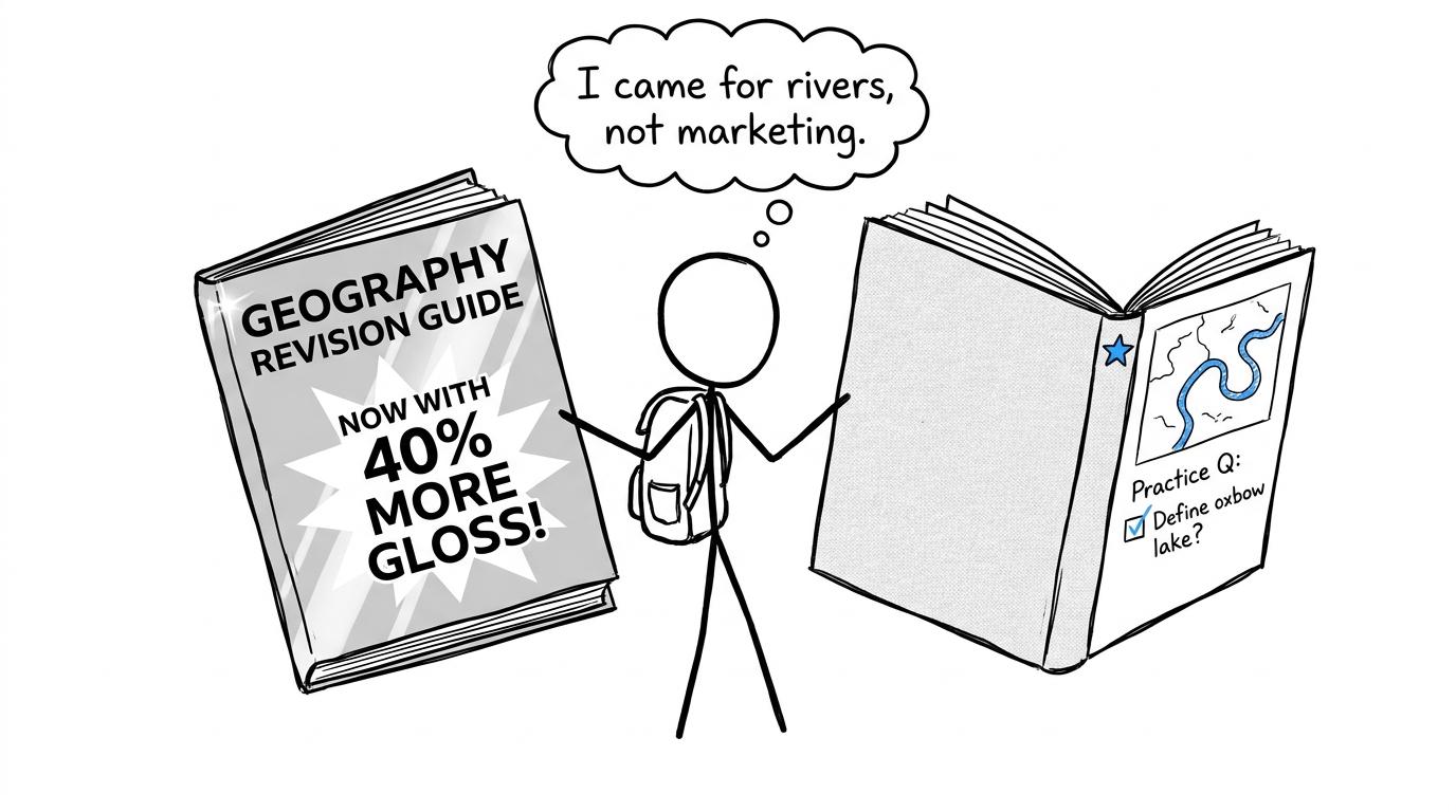 Student comparing a glossy geography guide with a useful one