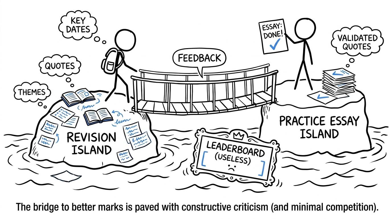 A feedback bridge connects revision points to a checked piece of exam practice