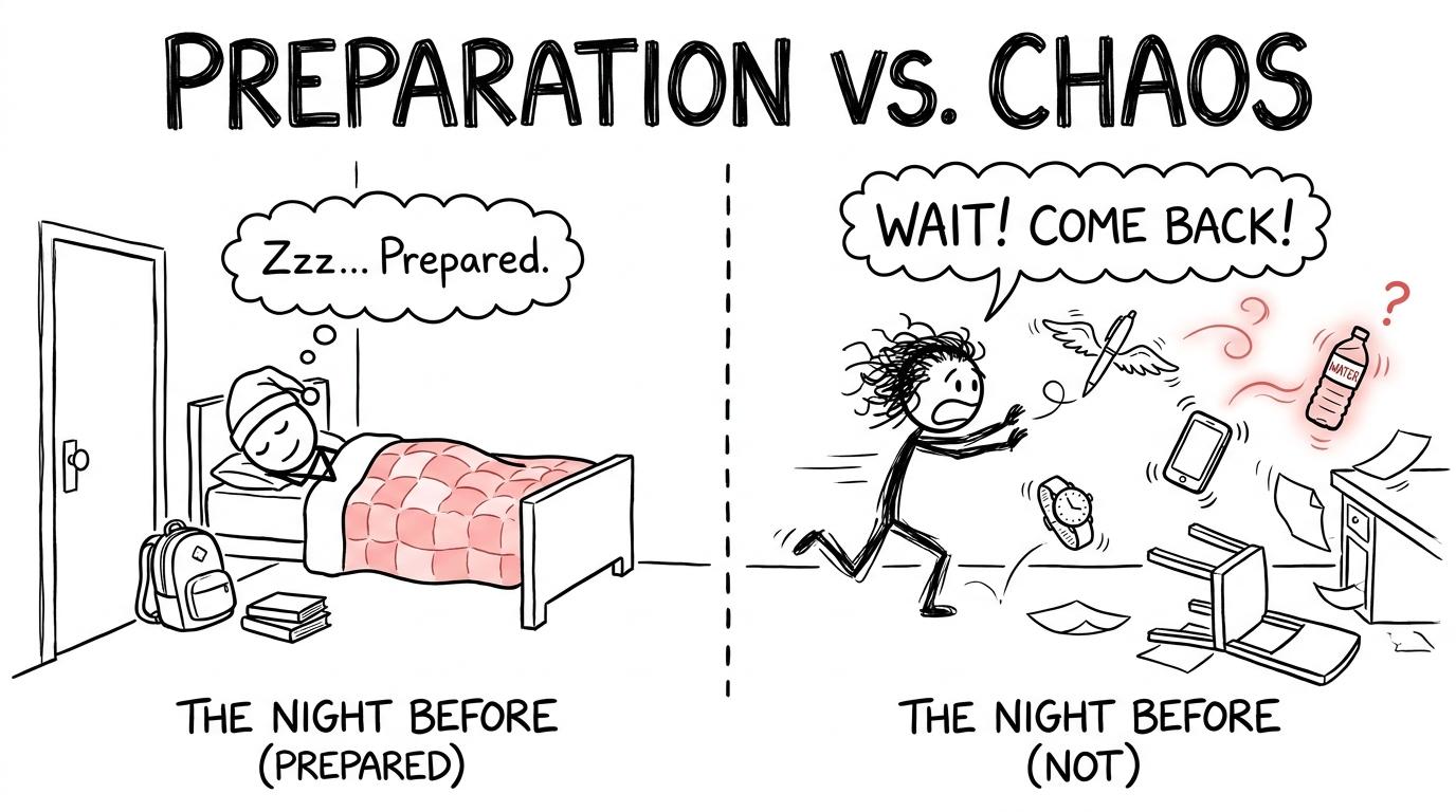 One prepared student sleeps while another chases loose exam equipment around the room
