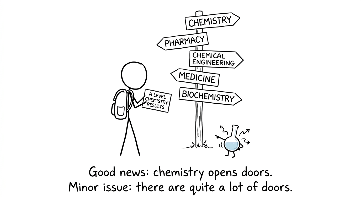 A student facing many university course signposts while a laboratory flask offers enthusiastic directions