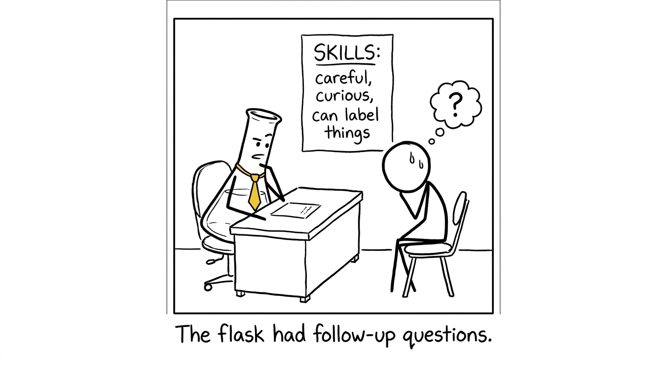 A chemistry flask conducting a surprisingly serious careers interview