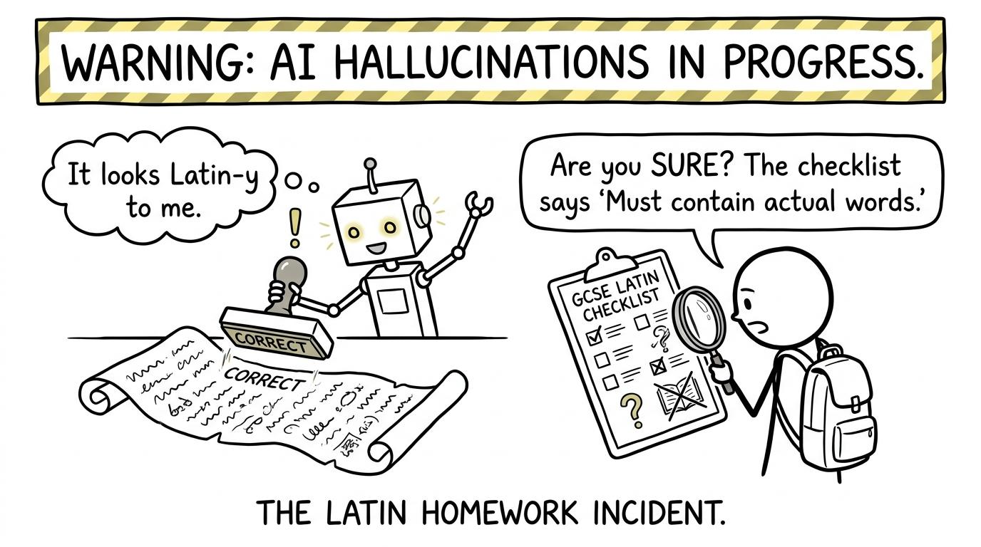A confident robot marks a suspicious answer while a student checks the evidence