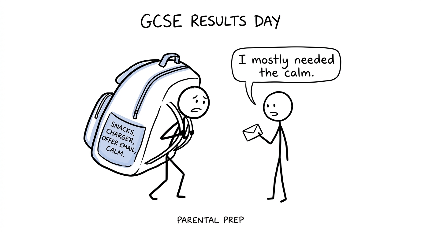 A parent brings an enormous results-day emergency bag while the student only needs calm support