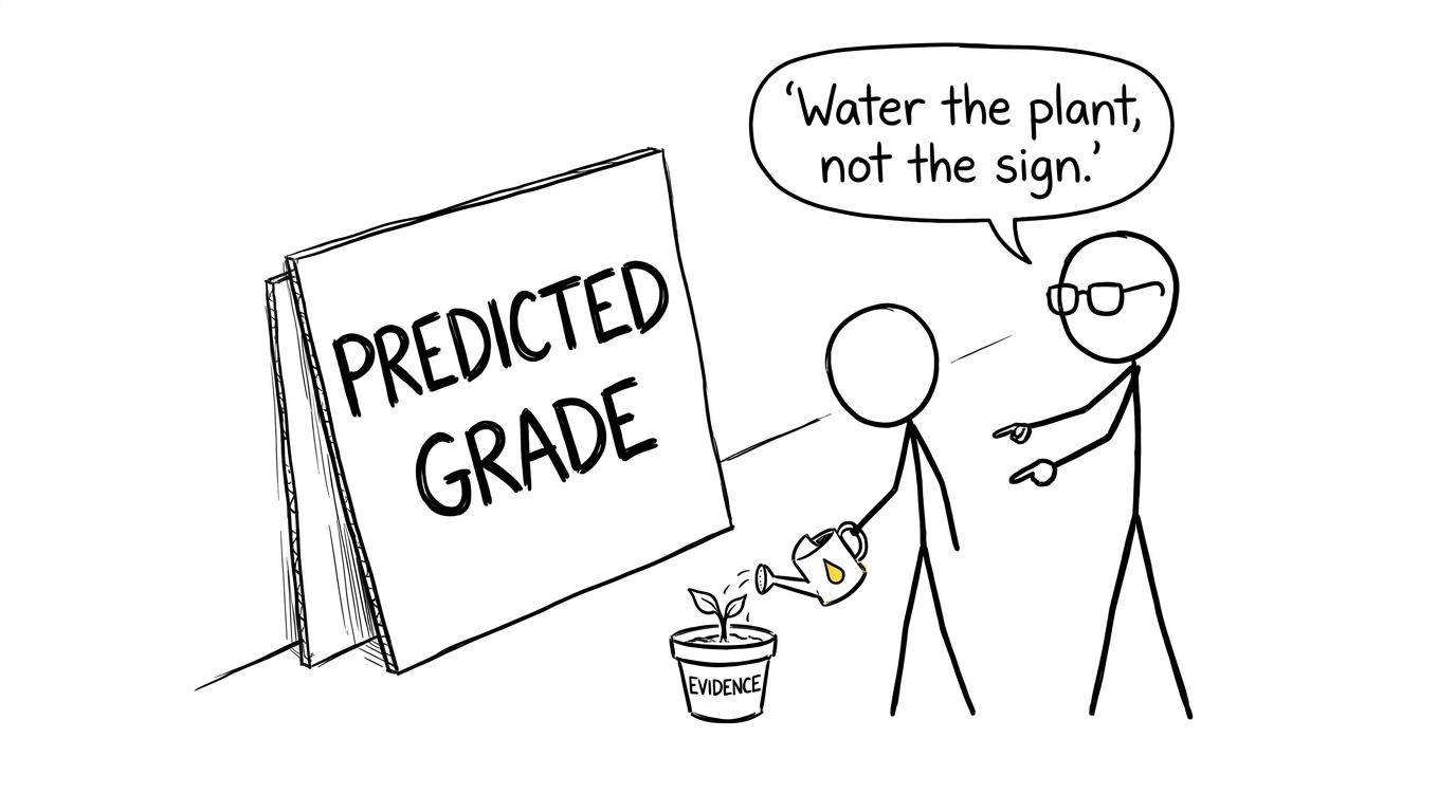 A student waters evidence instead of staring at a predicted-grade sign