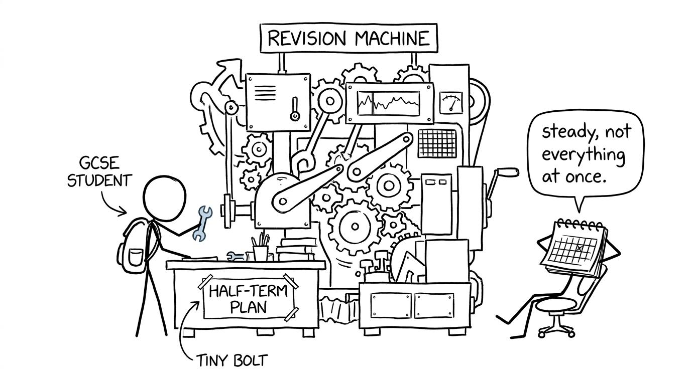 A student carefully adjusting an enormous half-term revision machine
