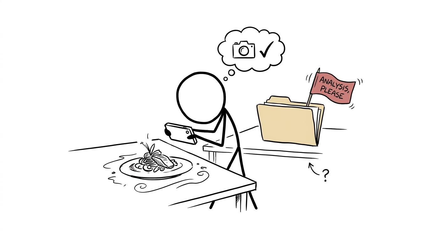A beautiful dish receives attention while the analysis folder waits