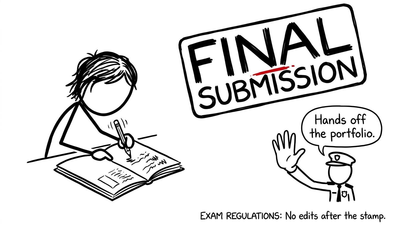 A student being stopped from changing an art portfolio after a final-submission stamp