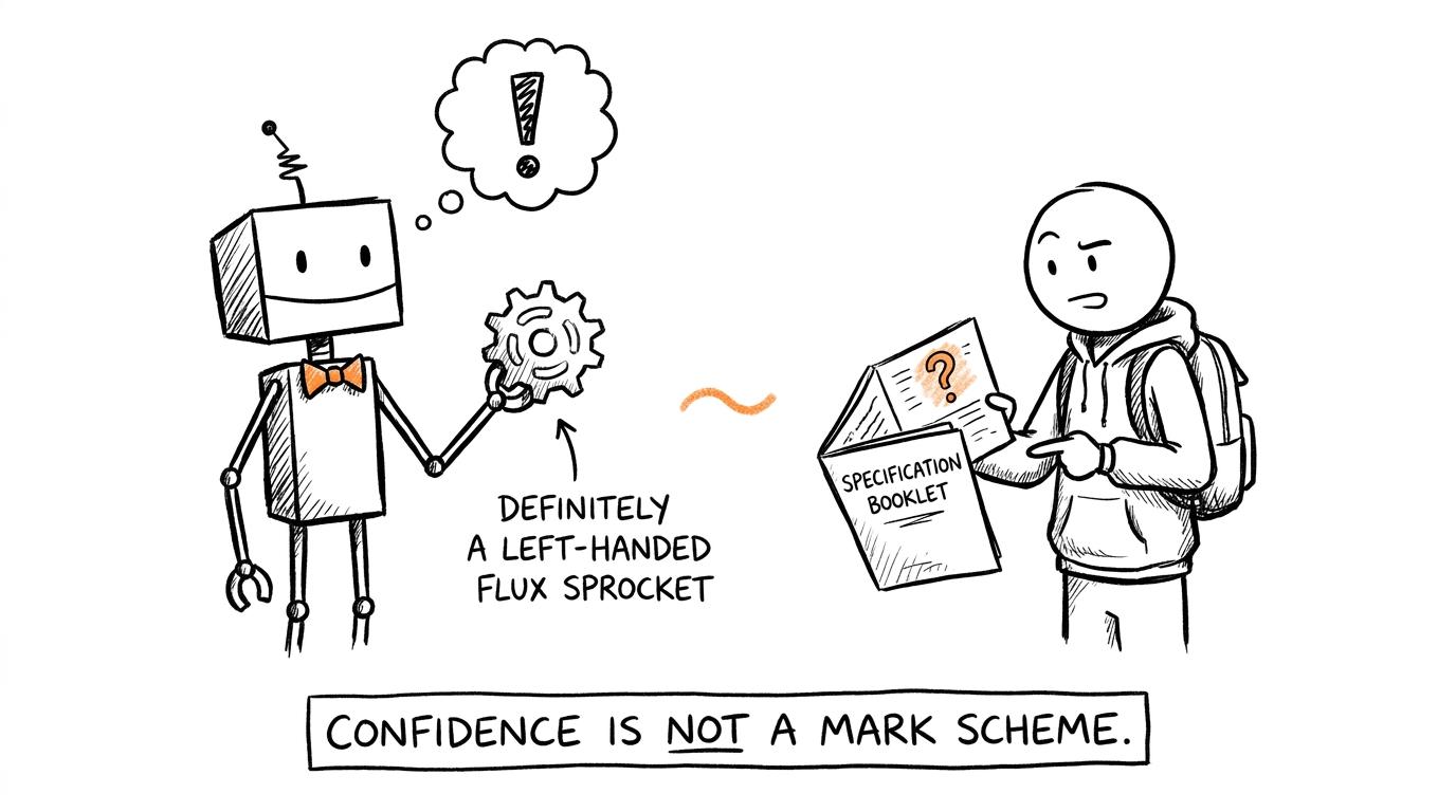 A confident robot invents a component while a student checks the specification