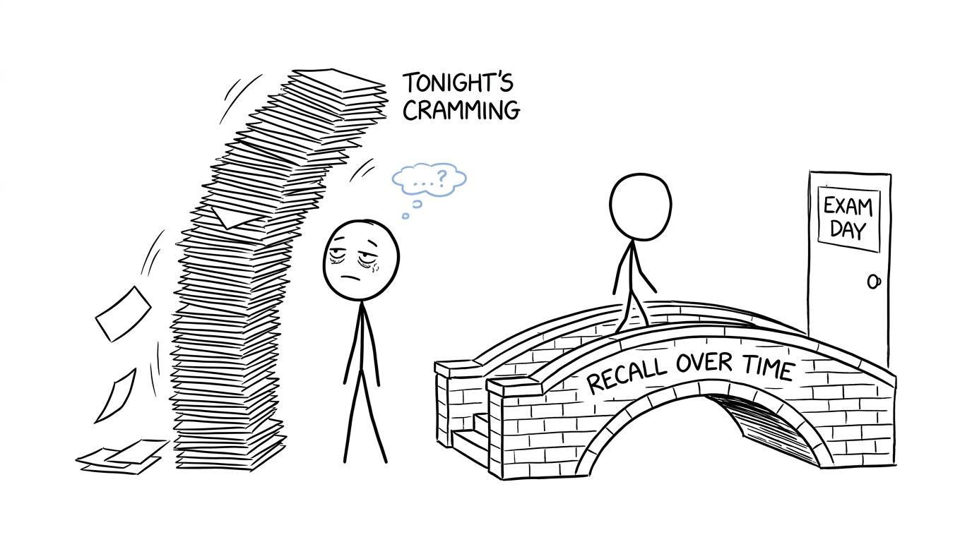 A student compares a cramming tower with a bridge built from recall over time