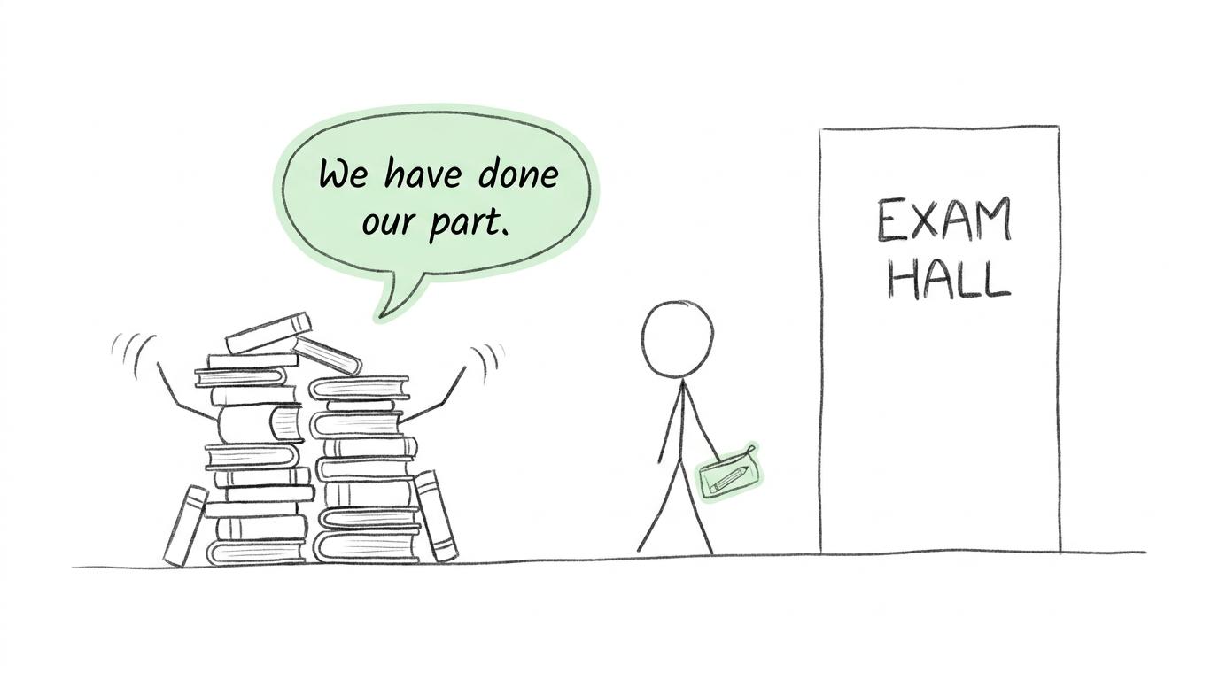 A calm student leaving revision books at home before the exam
