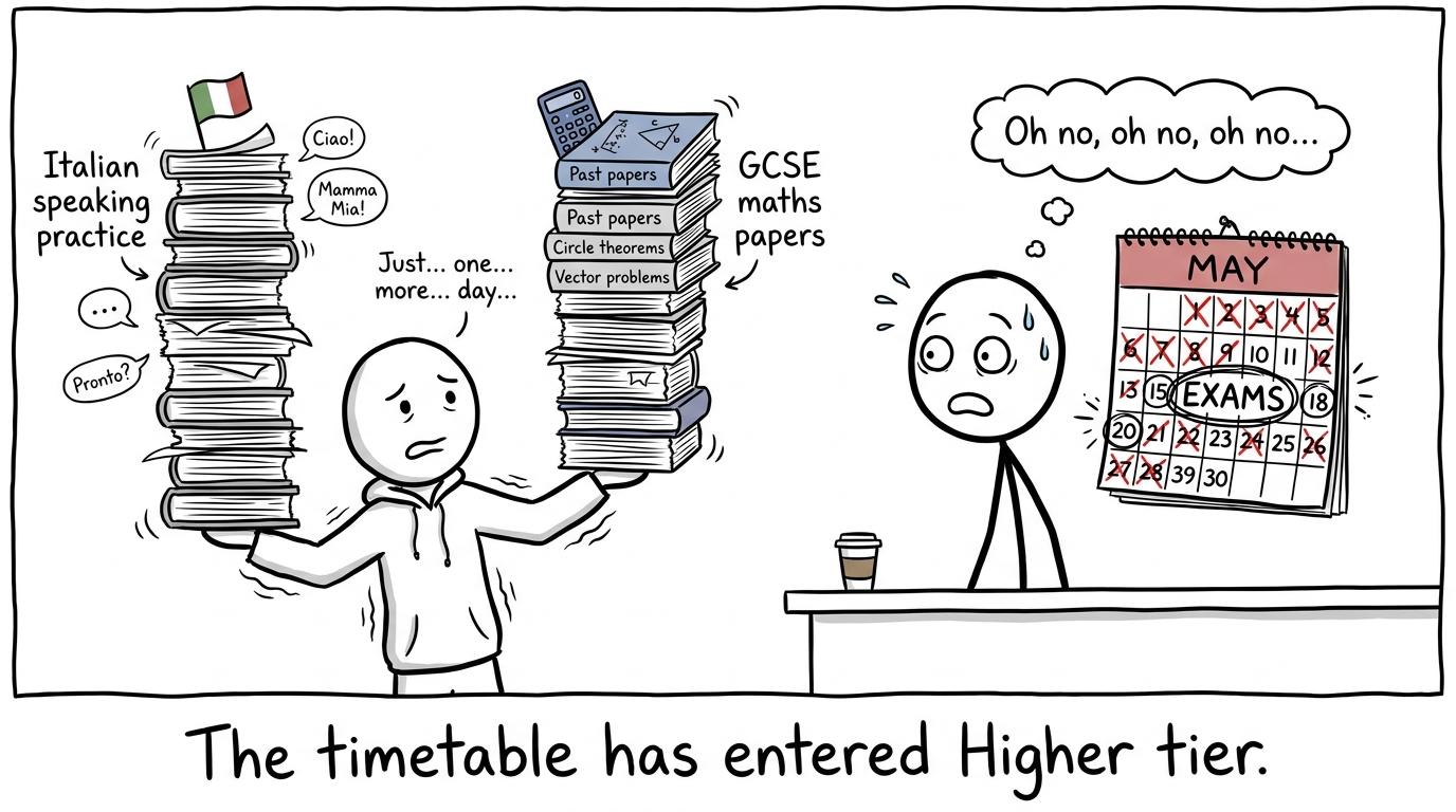 A student balances Italian speaking practice with GCSE maths papers while the calendar watches