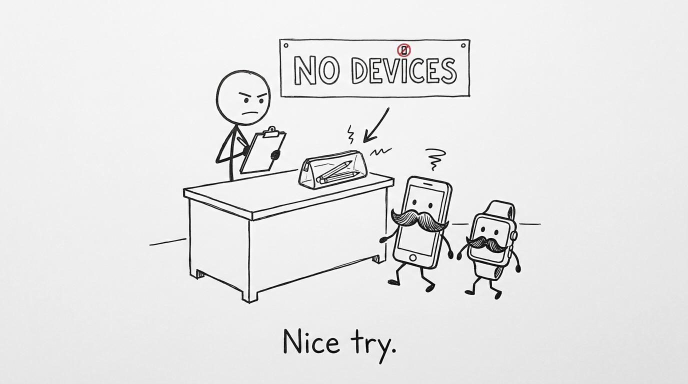 A phone and smartwatch in fake moustaches attempting to enter an examination room