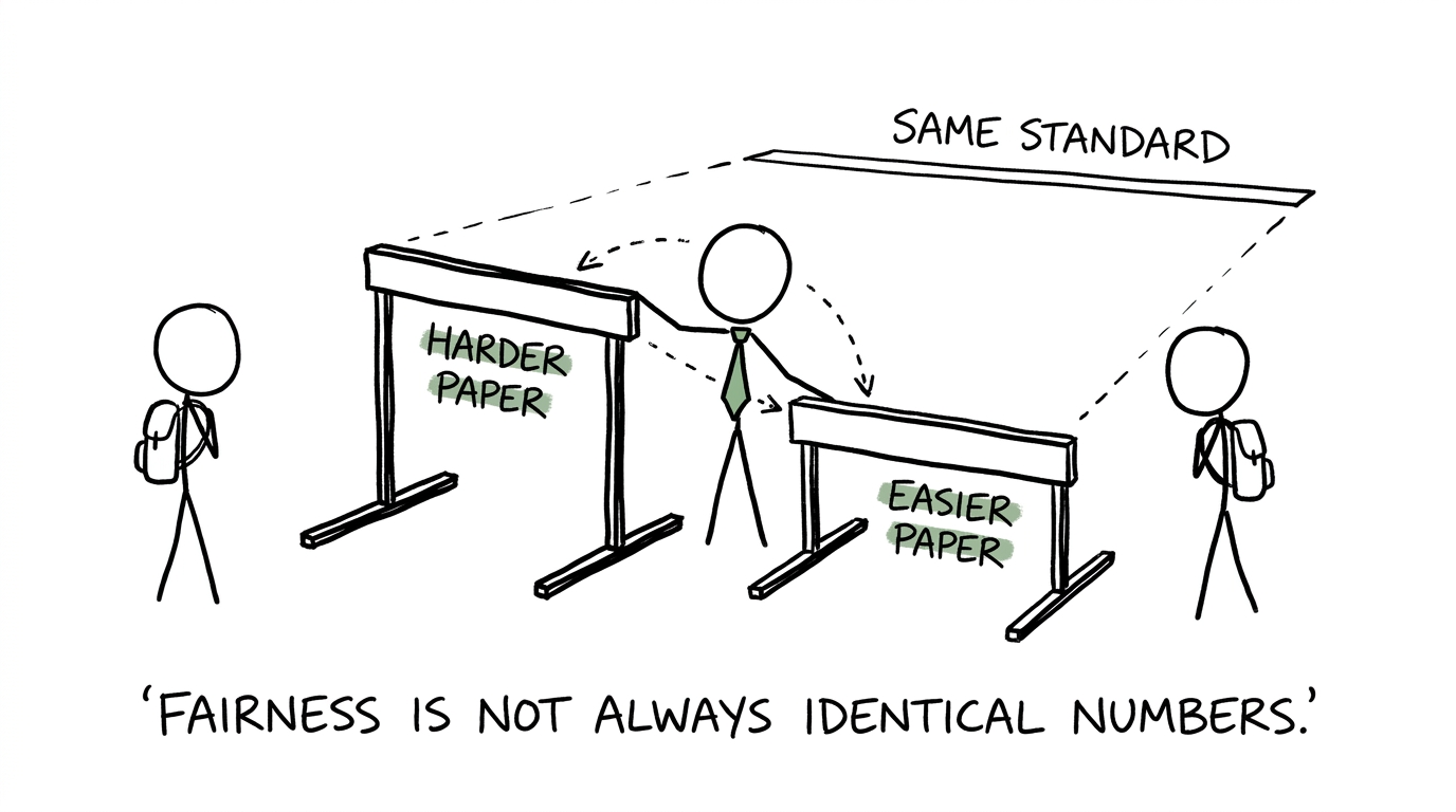 An examiner adjusts hurdles to maintain the same grading standard