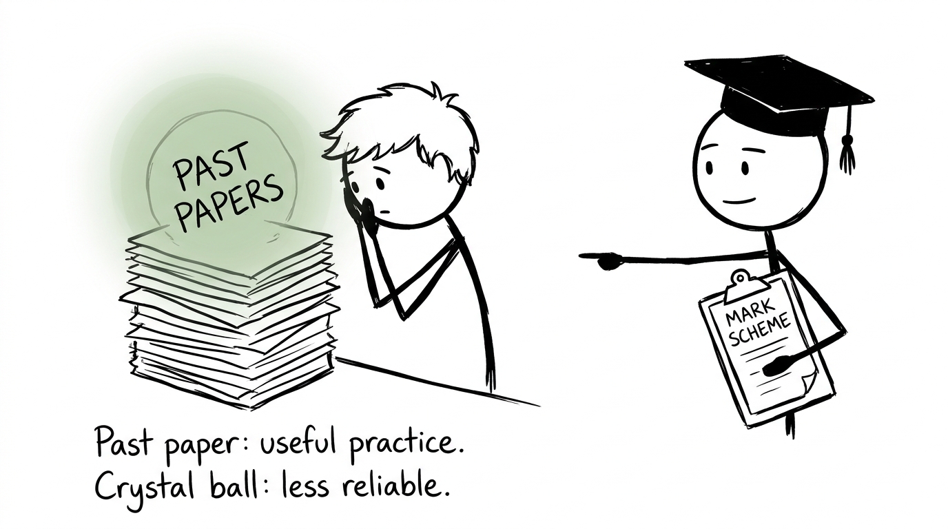 One student tries to use past papers as a crystal ball while another learns from the mark scheme
