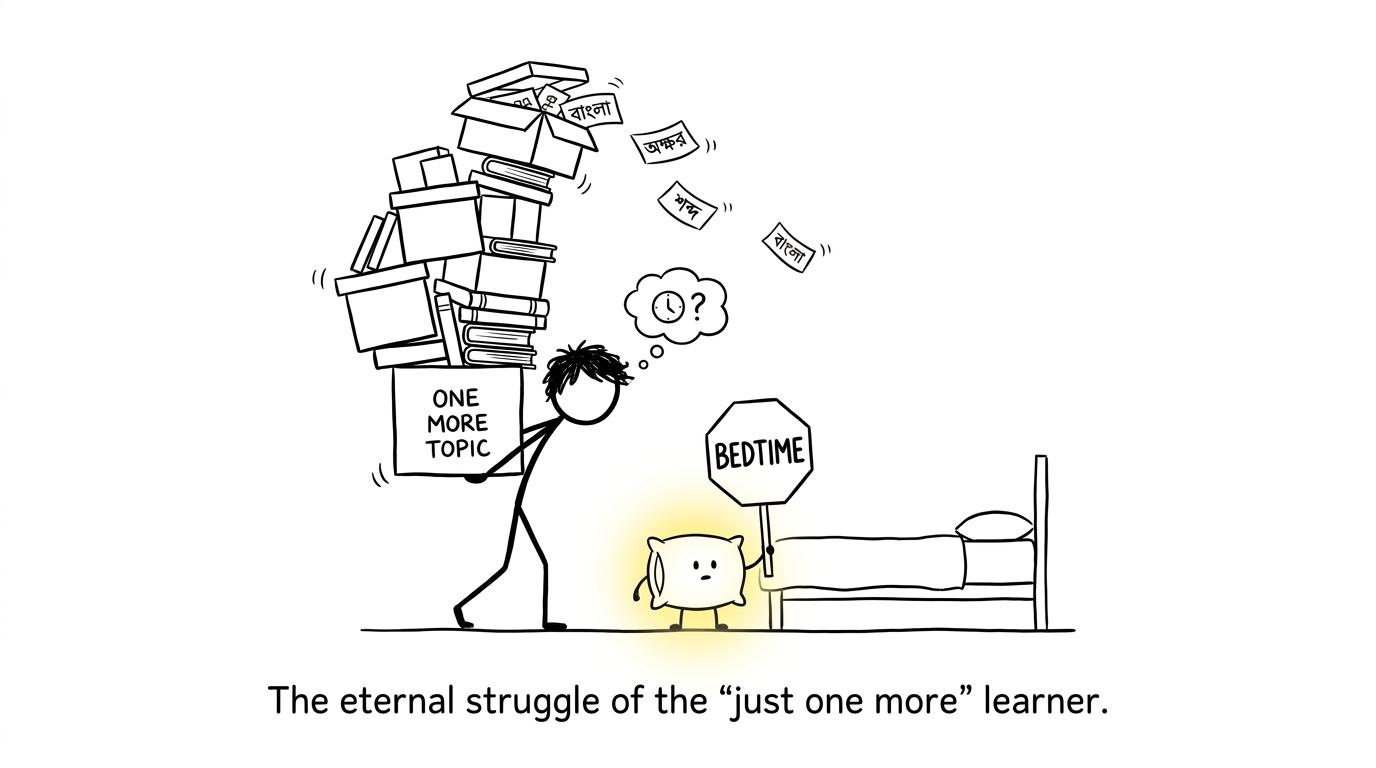 A student carries a tower of extra topics towards bed while a pillow holds up a bedtime stop sign