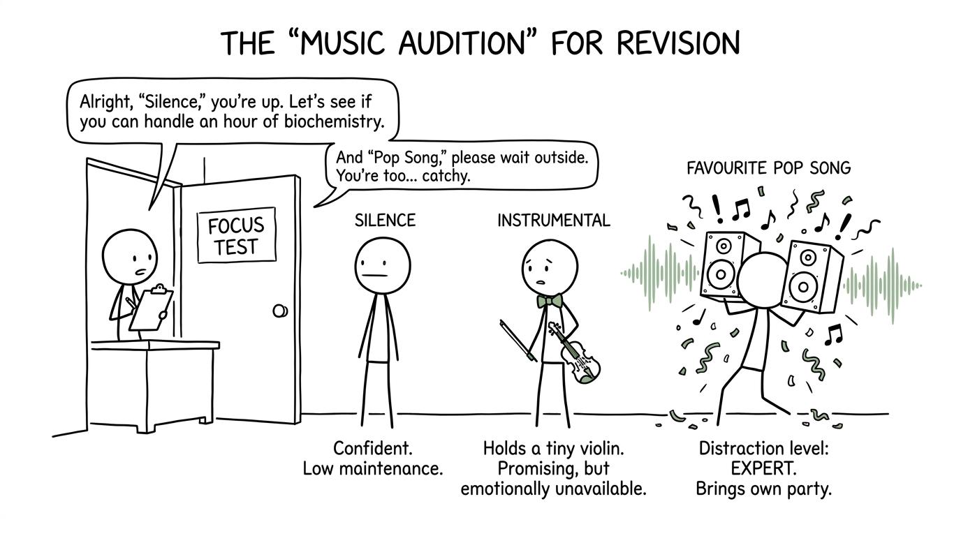 Silence, instrumental music and a favourite pop song audition for a place in a revision session