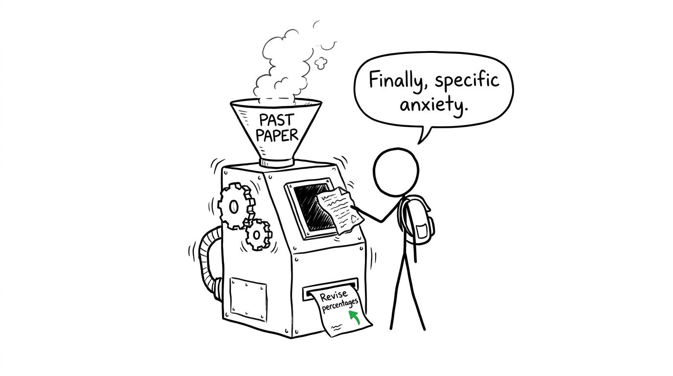 A past-paper machine gives a student the strangely reassuring instruction to revise percentages