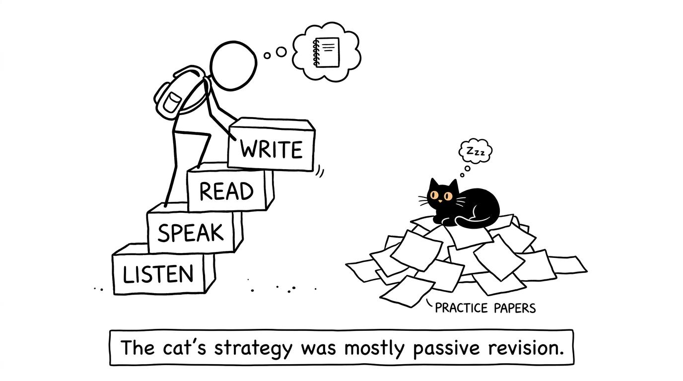 A student building revision steps while a cat attempts passive revision