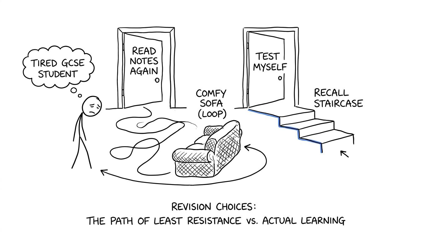 A student choosing between comfortable rereading and the staircase of active recall