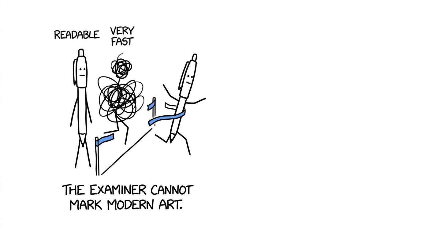 A readable pen calmly beats a very fast pen that scribbles itself into a knot