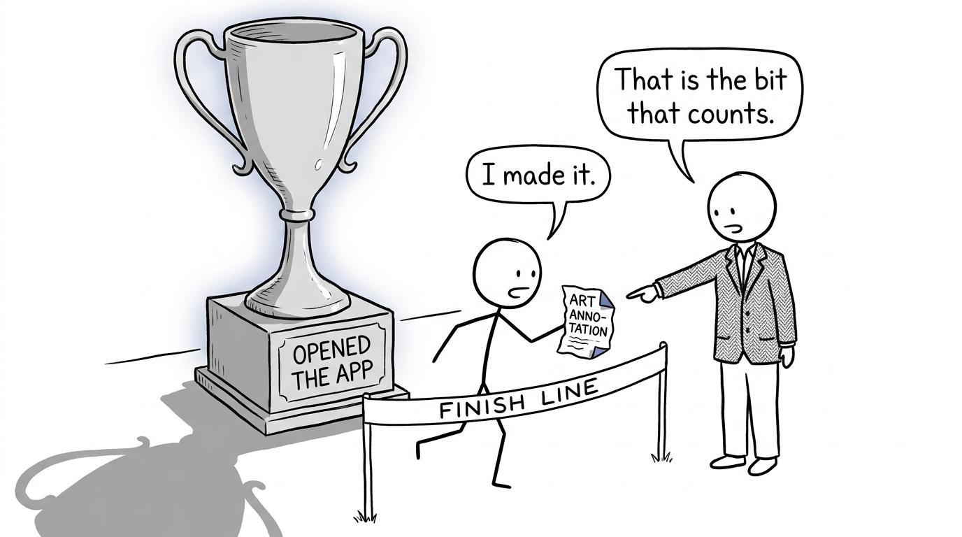 A tiny piece of useful work crosses the finish line beside an oversized app trophy