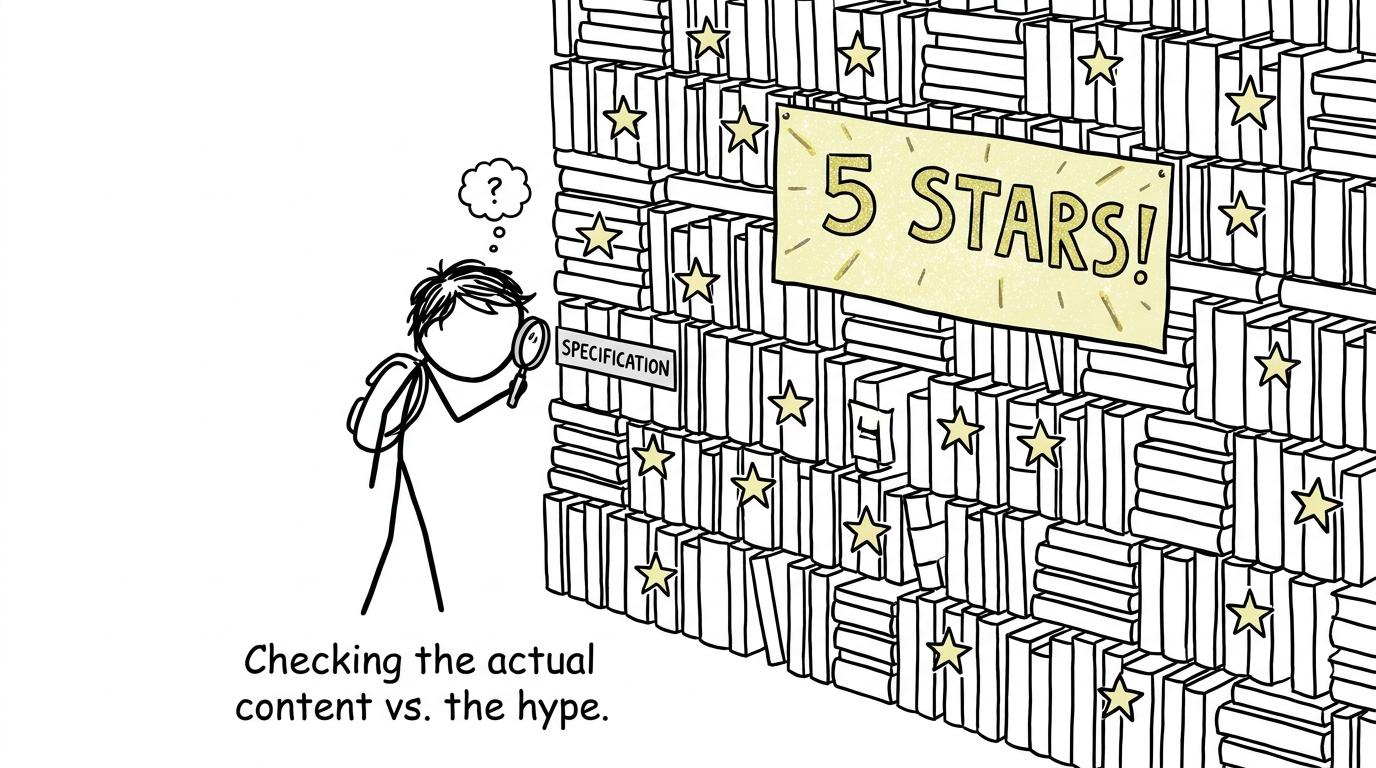 A student investigates the specification while a giant five-star sign tries to attract attention