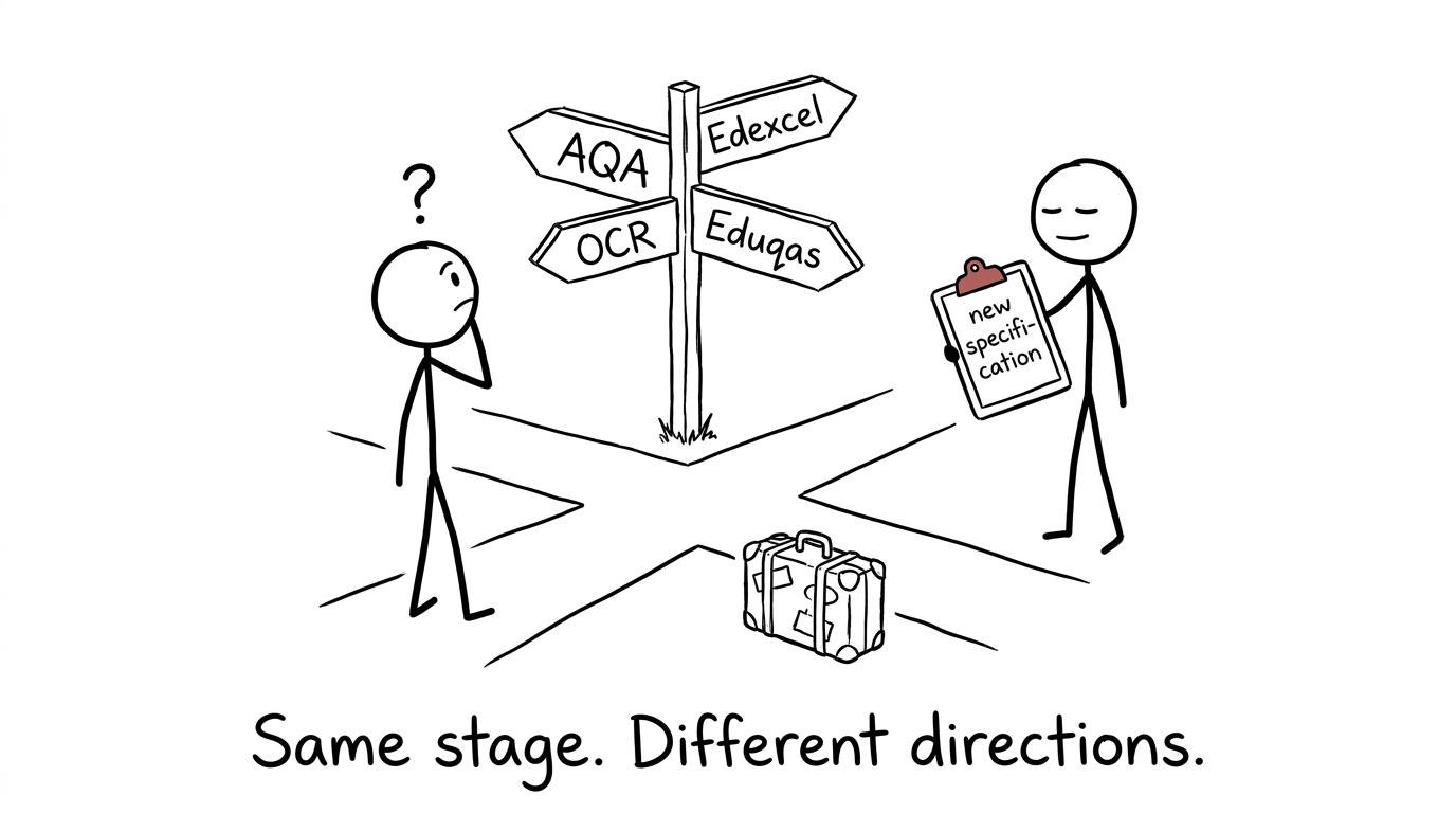 A student choosing between GCSE Drama exam-board signposts