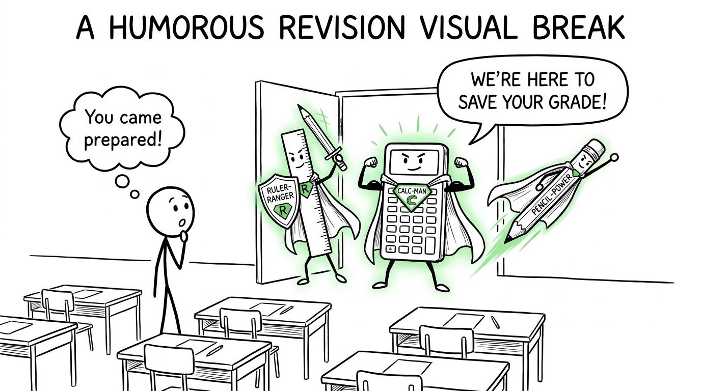 A calculator, ruler and pencil arrive as an exam superhero team