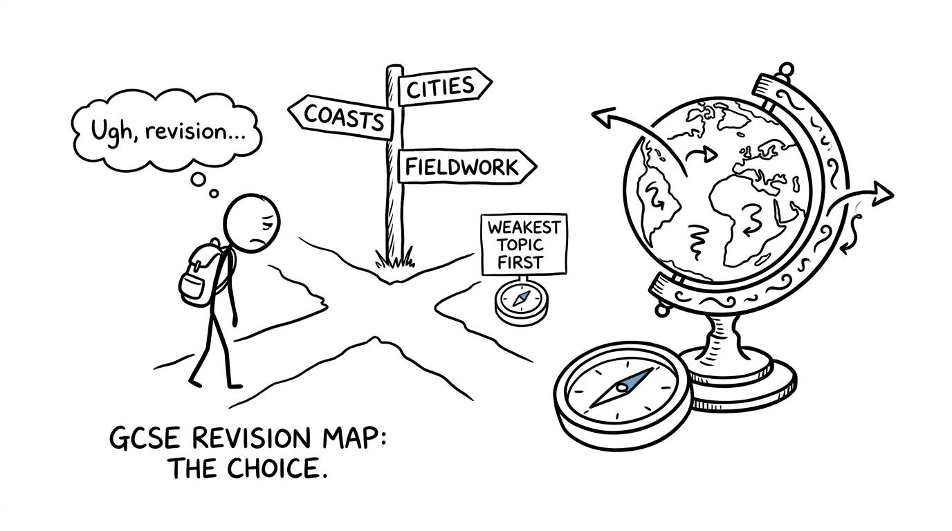 A student choosing between geography topics while a decorative globe points nowhere