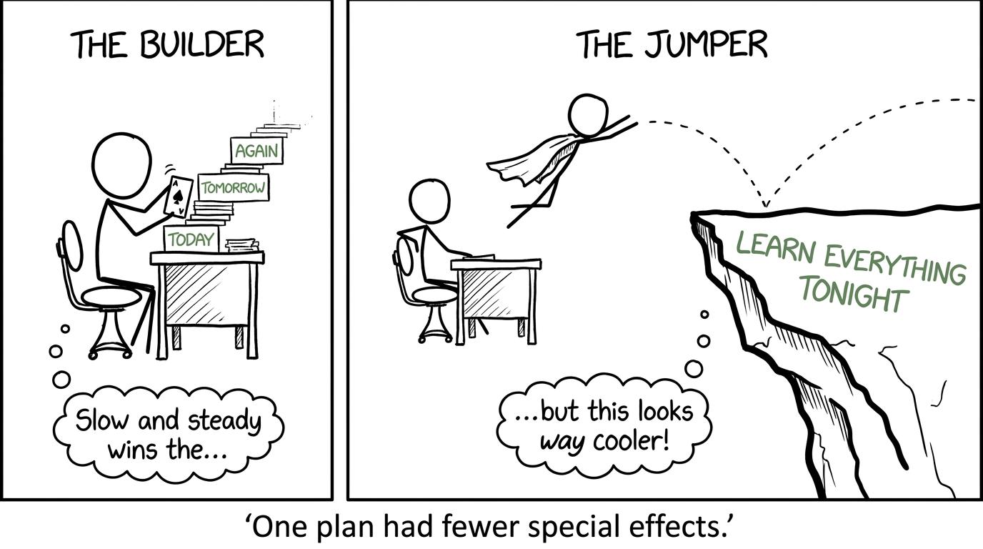 One student builds a small daily staircase while another attempts an impossible revision leap