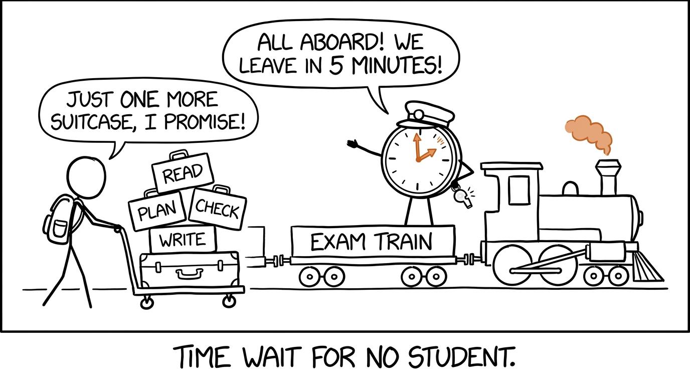 An exam clock conducts a train carrying reading, planning, writing and checking time