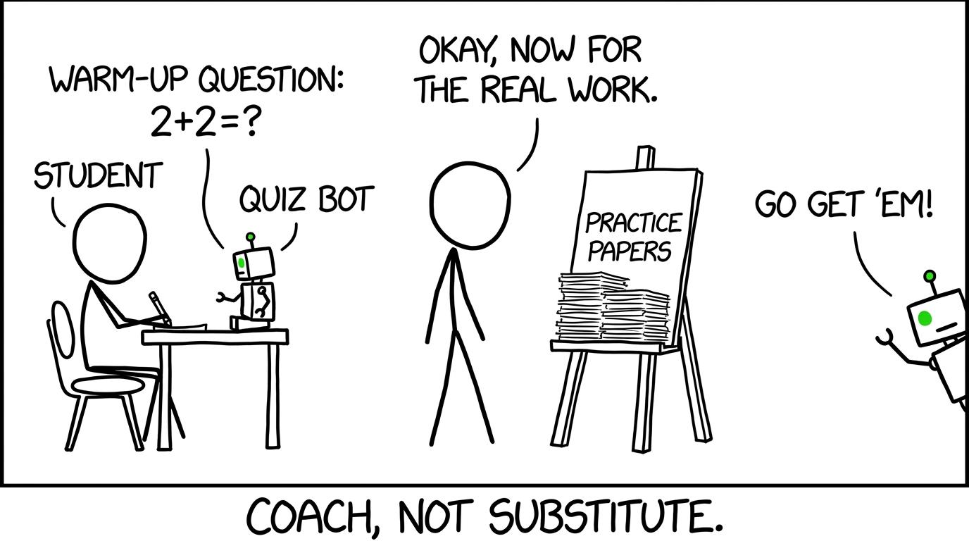 A small quiz robot acts as coach while the student does the real work