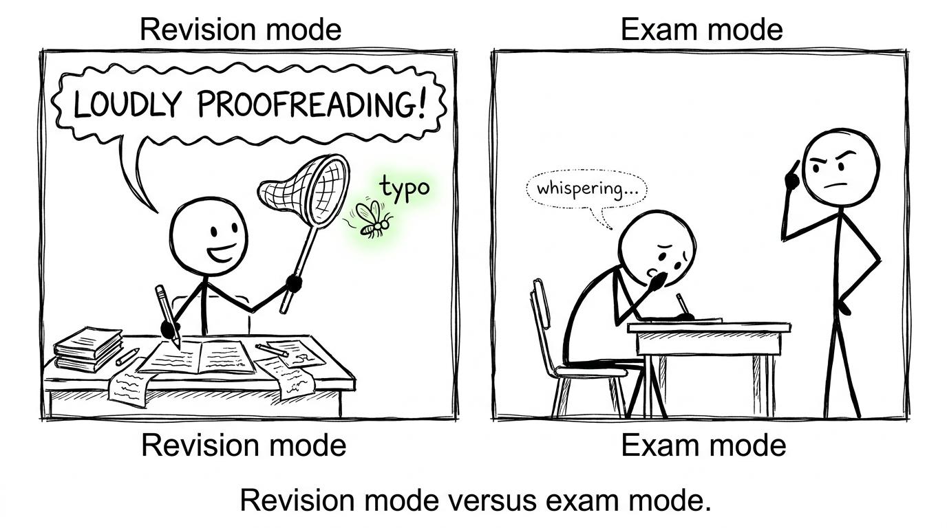 Revision mode catches a typo while exam mode stays silent