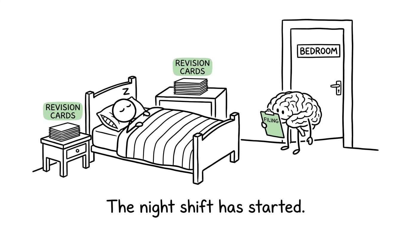 A sleeping student while a cartoon brain begins its night shift filing revision