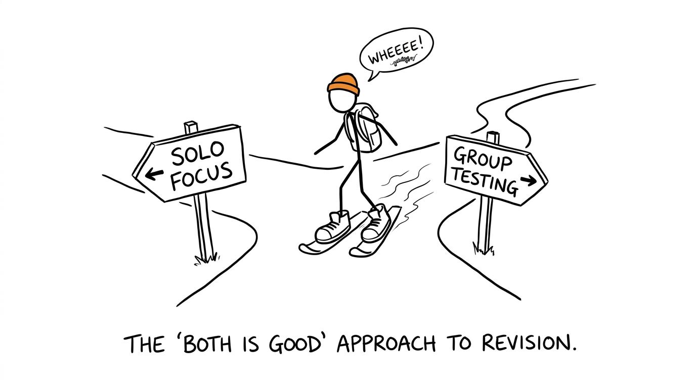 A student combining the paths of solo focus and group testing