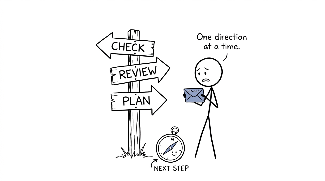 A student choosing between checking, reviewing and planning after results day