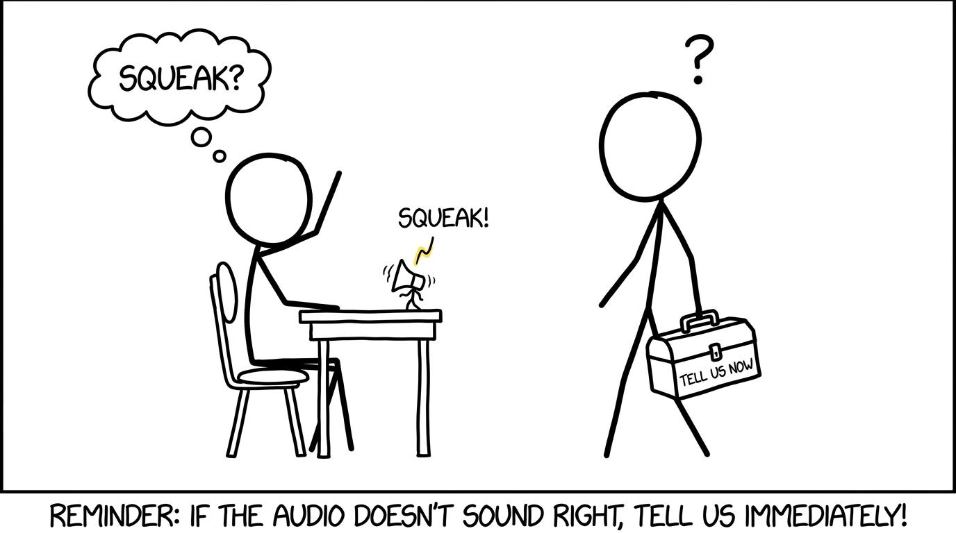 A calm candidate raises a hand while the listening equipment makes a suspicious squeak