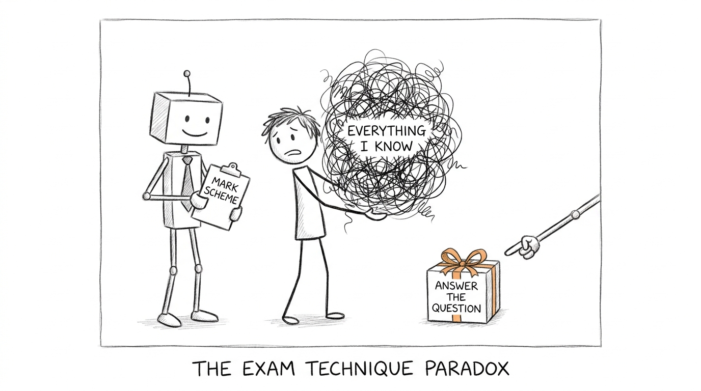 An examiner preferring a focused answer over everything the student knows