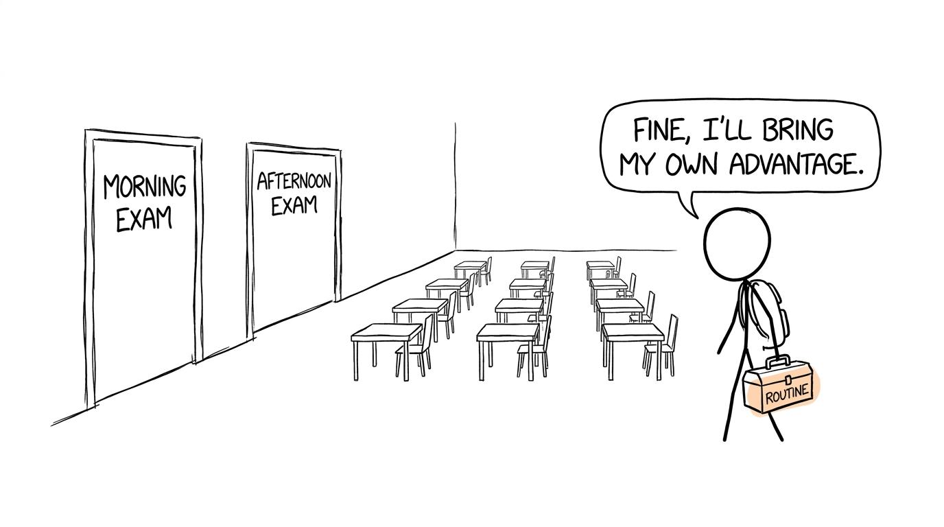 A student carries a routine toolbox towards morning and afternoon exam doors