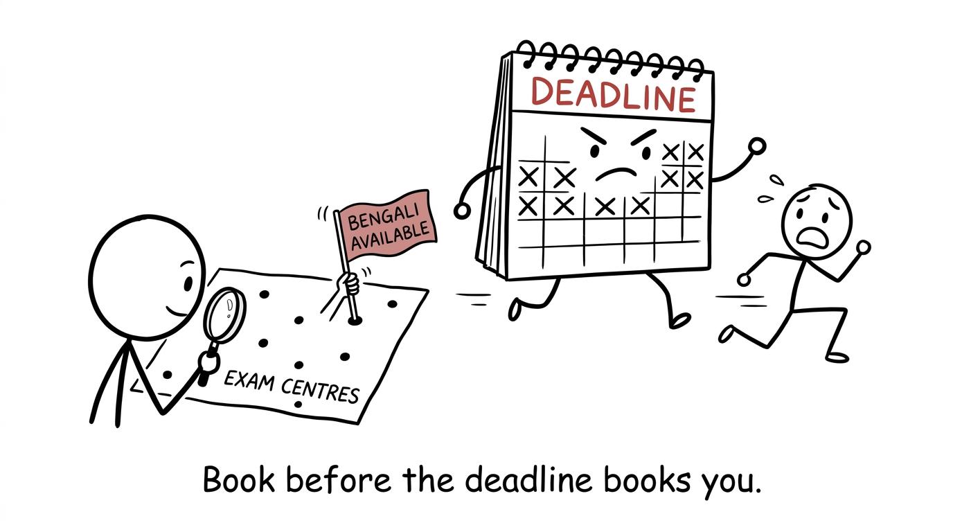 A candidate searches for a Bengali exam centre while the booking calendar gives chase