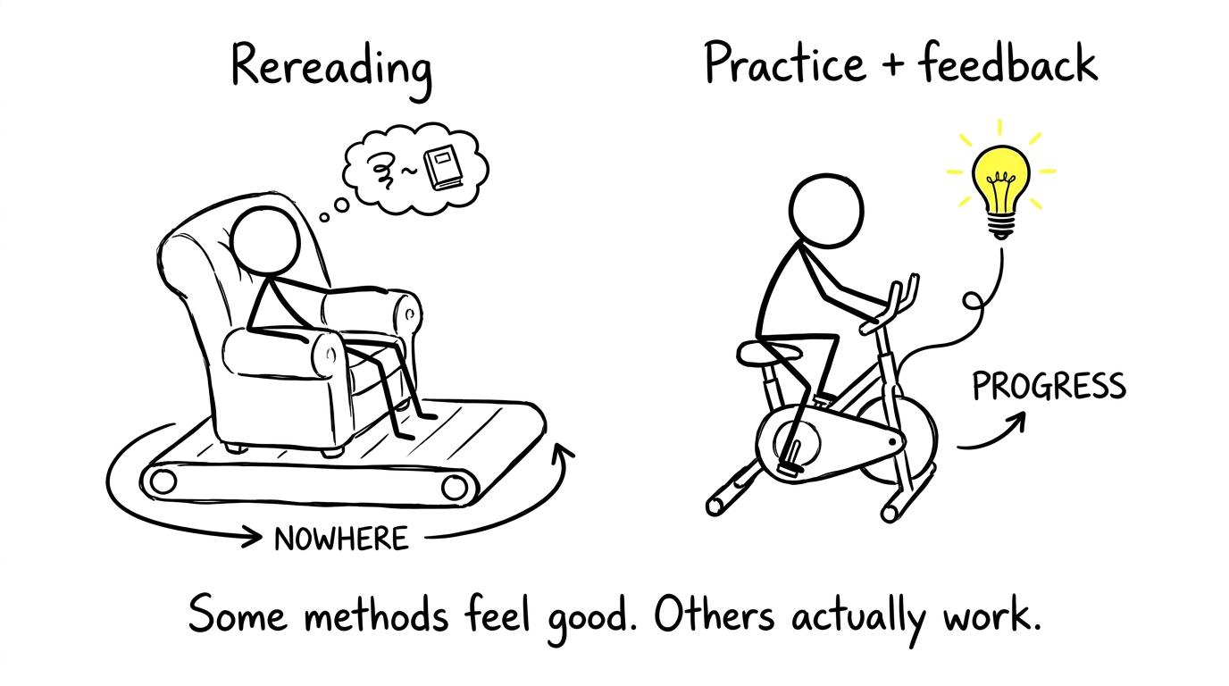 Rereading relaxes while practice and feedback power a light bulb