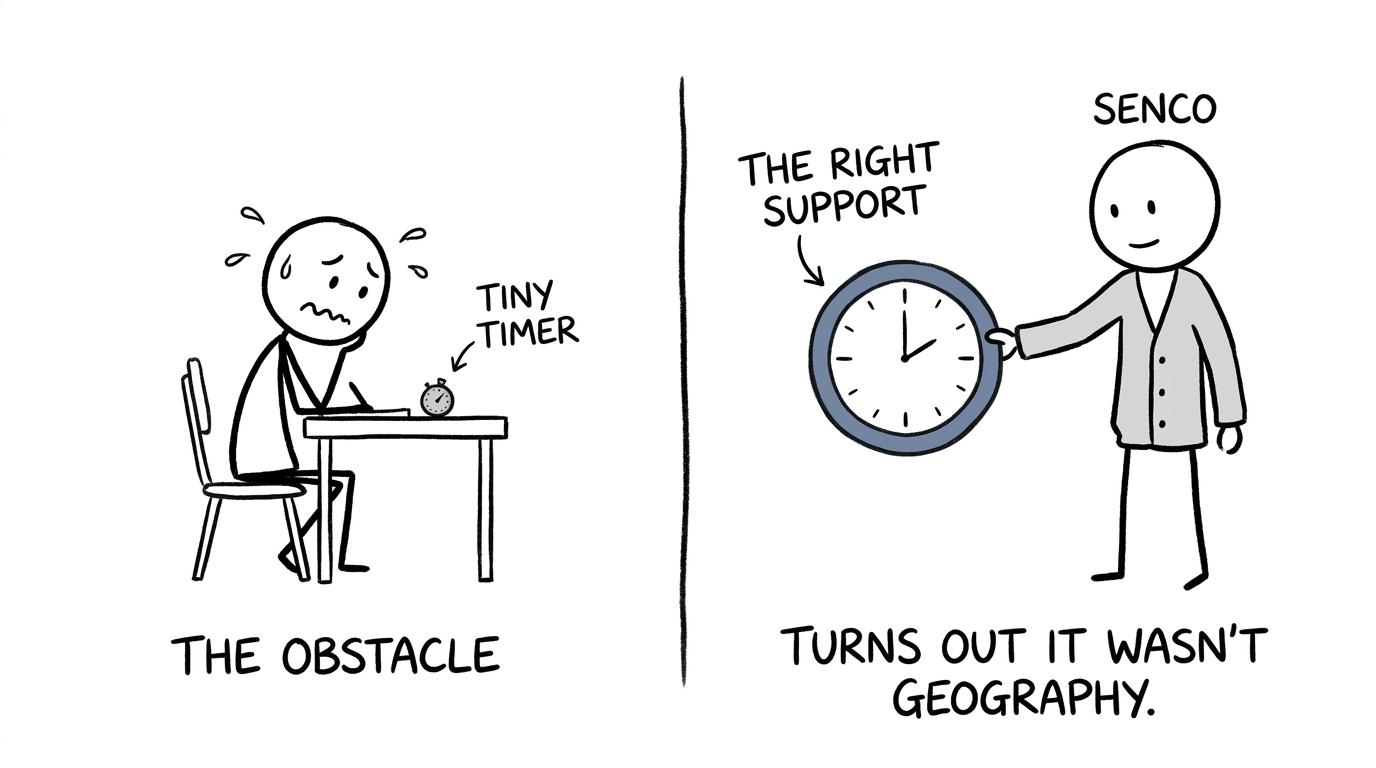 A student discovers that the real obstacle was the exam clock rather than geography