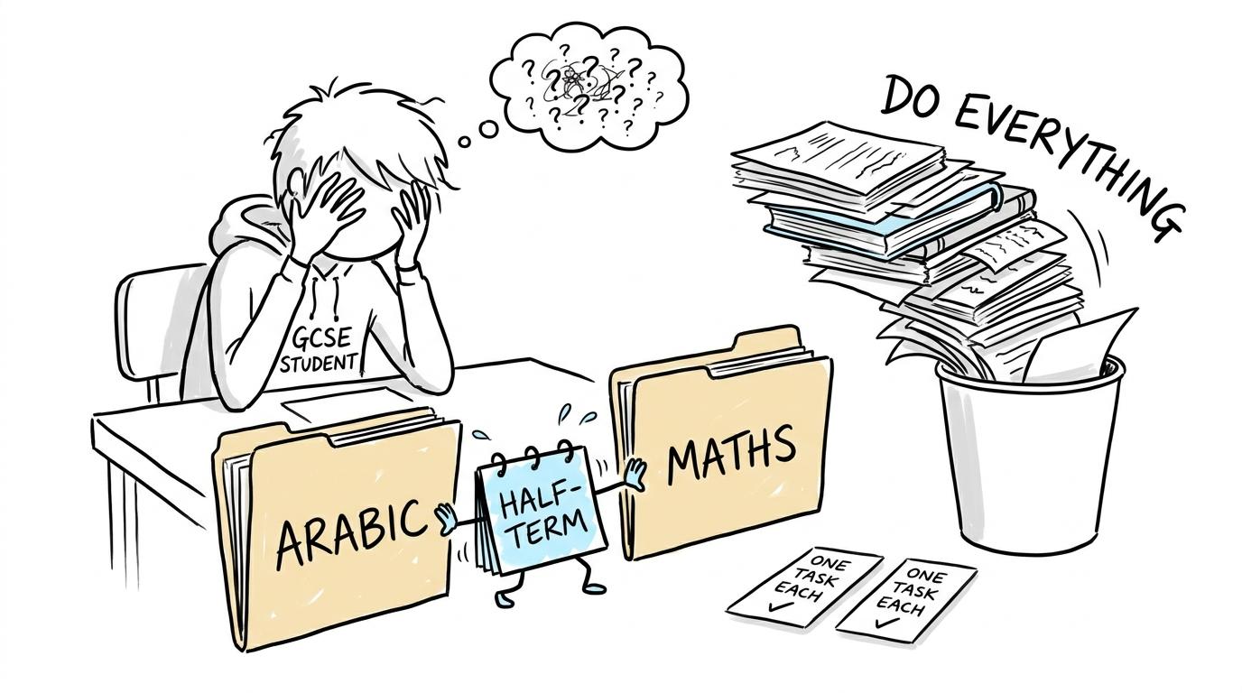 A half-term calendar refereeing between Arabic and maths revision