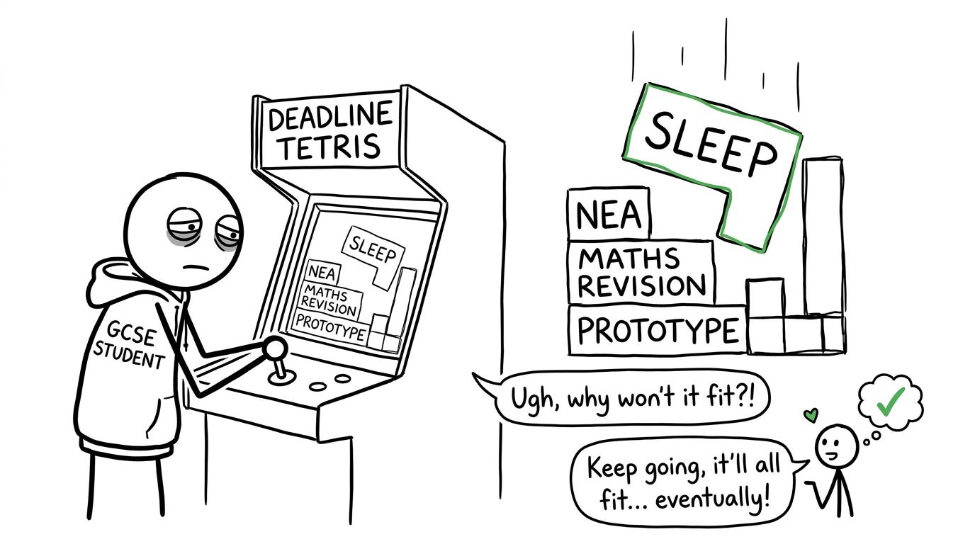 A GCSE student plays deadline Tetris with projects, maths revision and sleep