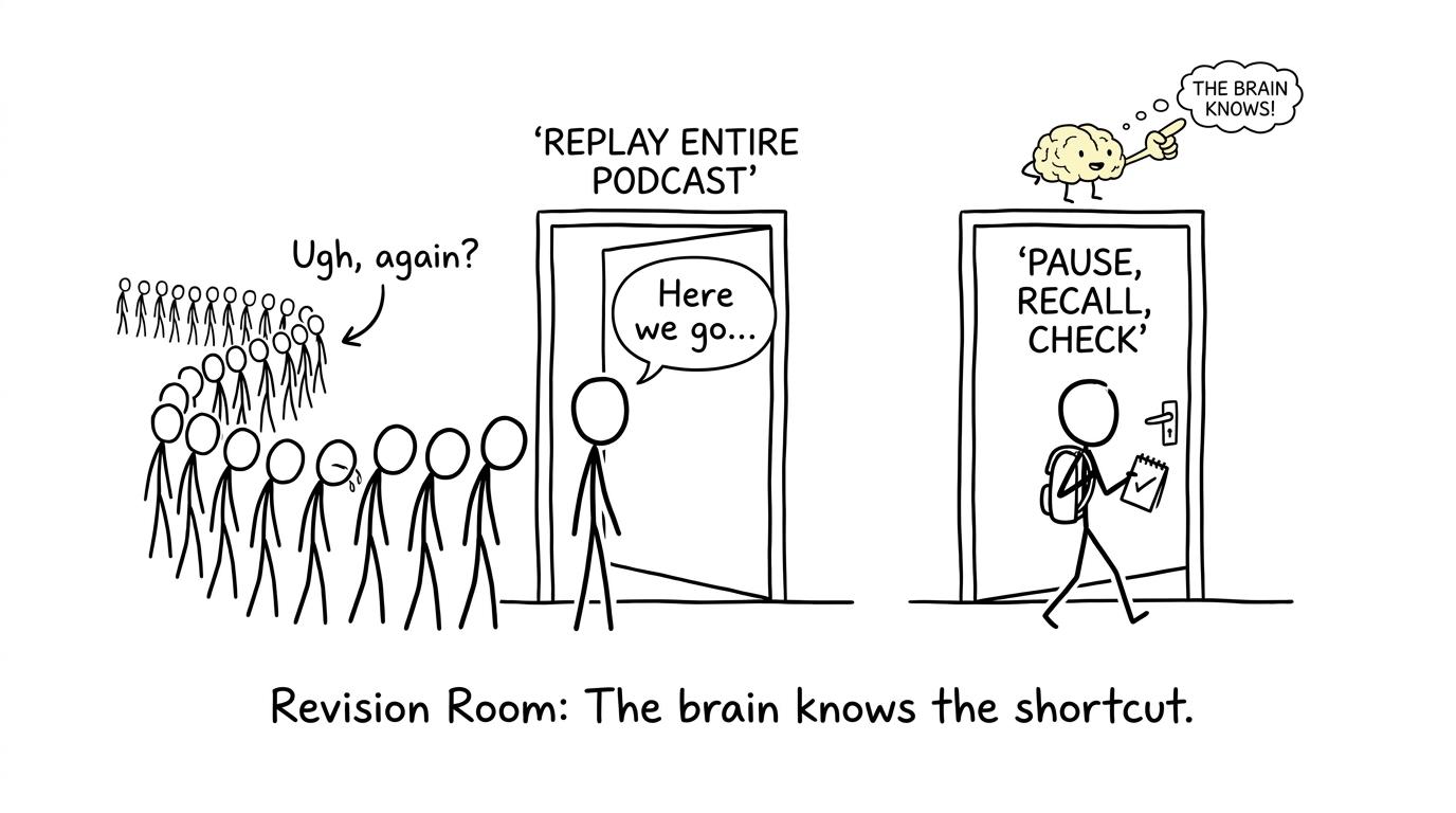 A brain directs a student away from replaying everything and towards pausing, recalling and checking