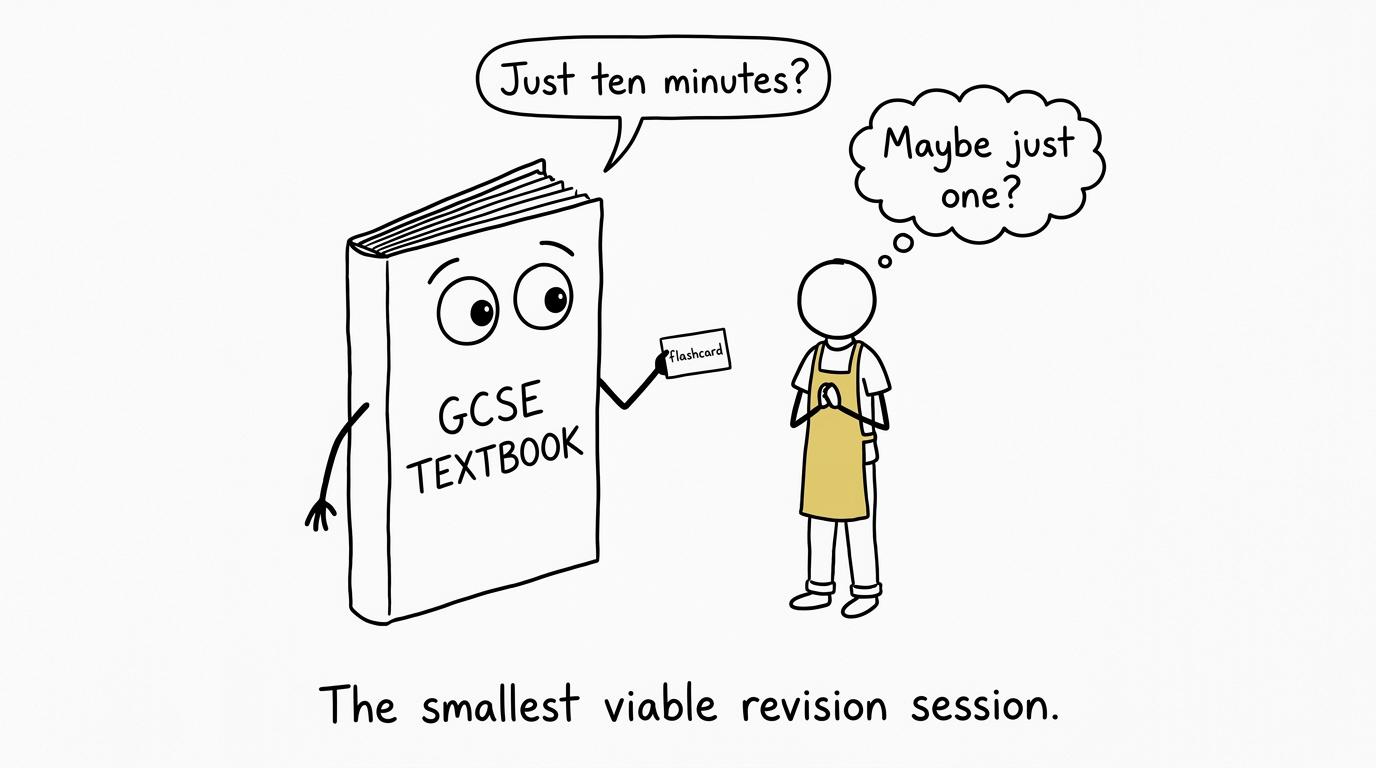 A tired student negotiating a tiny revision session with a textbook