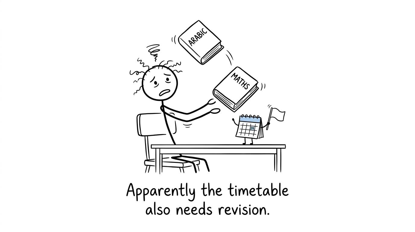 A GCSE student balancing Arabic and maths revision while the calendar gives up